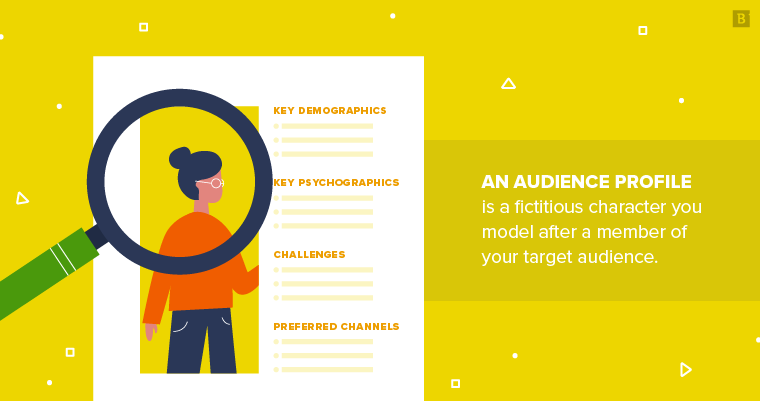 an audience profile is a fictitious character you model after a member of your target audience.