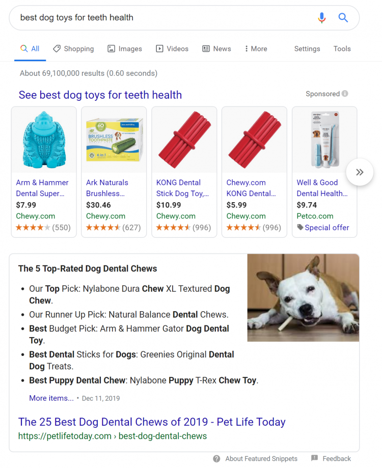 Google Ads example: best dog toys for teeth health